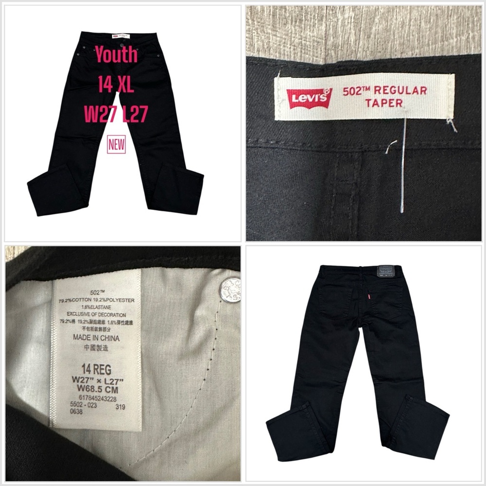 Youth 502 Levi’s 14 Regular Taper 27 x 27 Pants Jeans Black Denim Stretch NWOT
